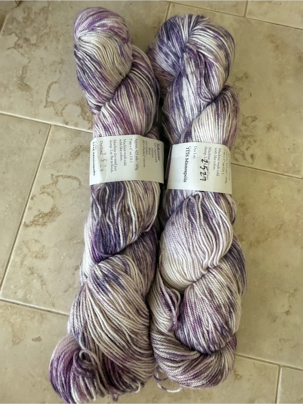 Lorna's Laces Hand-Dyed Yarn — Purple and Cream Speckled Skeins - Minneapolis